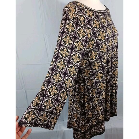 Max Edition Tunic Women Medium 3/4 Sleeve Black Geometric Handkerchief Hem Rayon - Picture 2 of 9